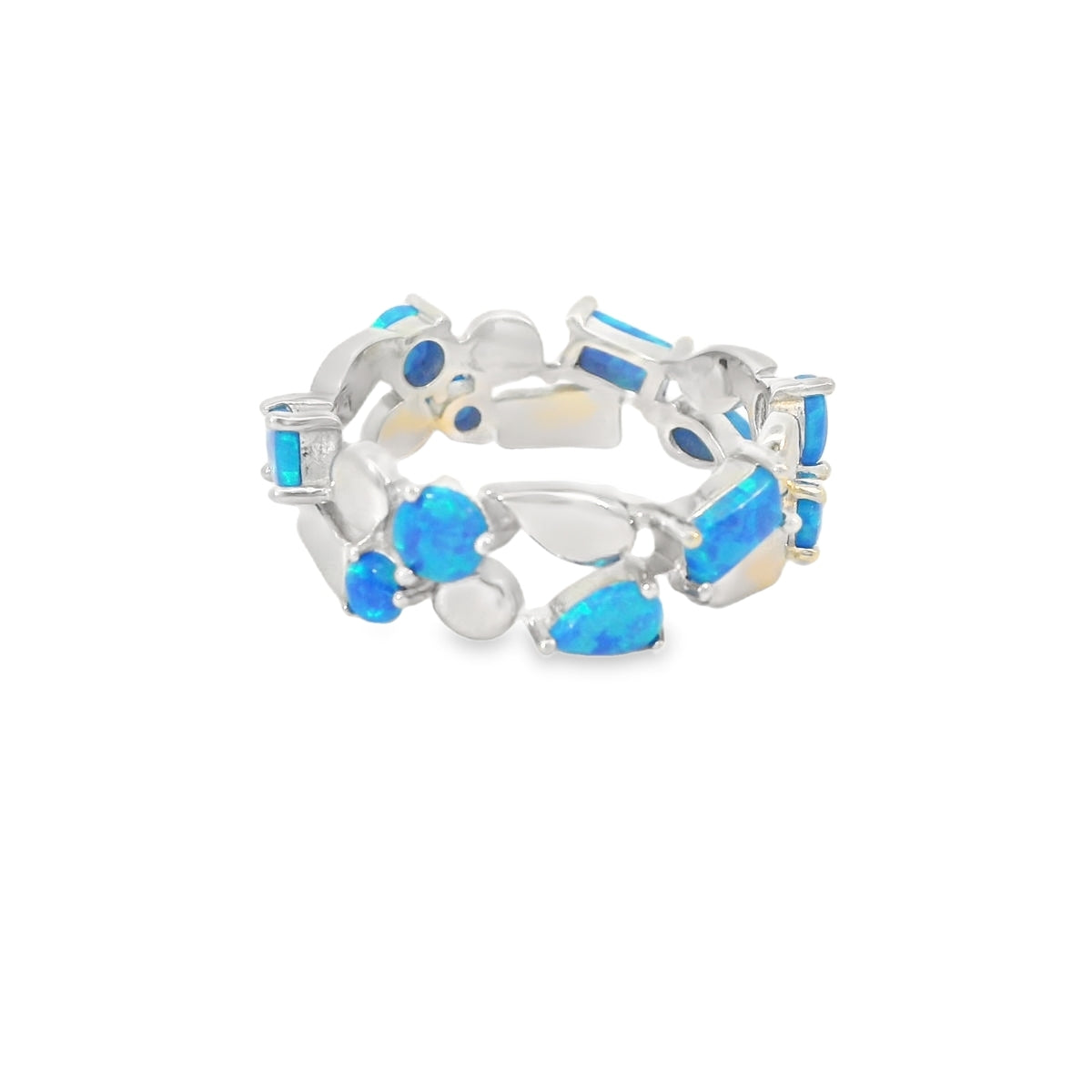 Blue Lab Opal Geometric Band Sterling Silver Ring