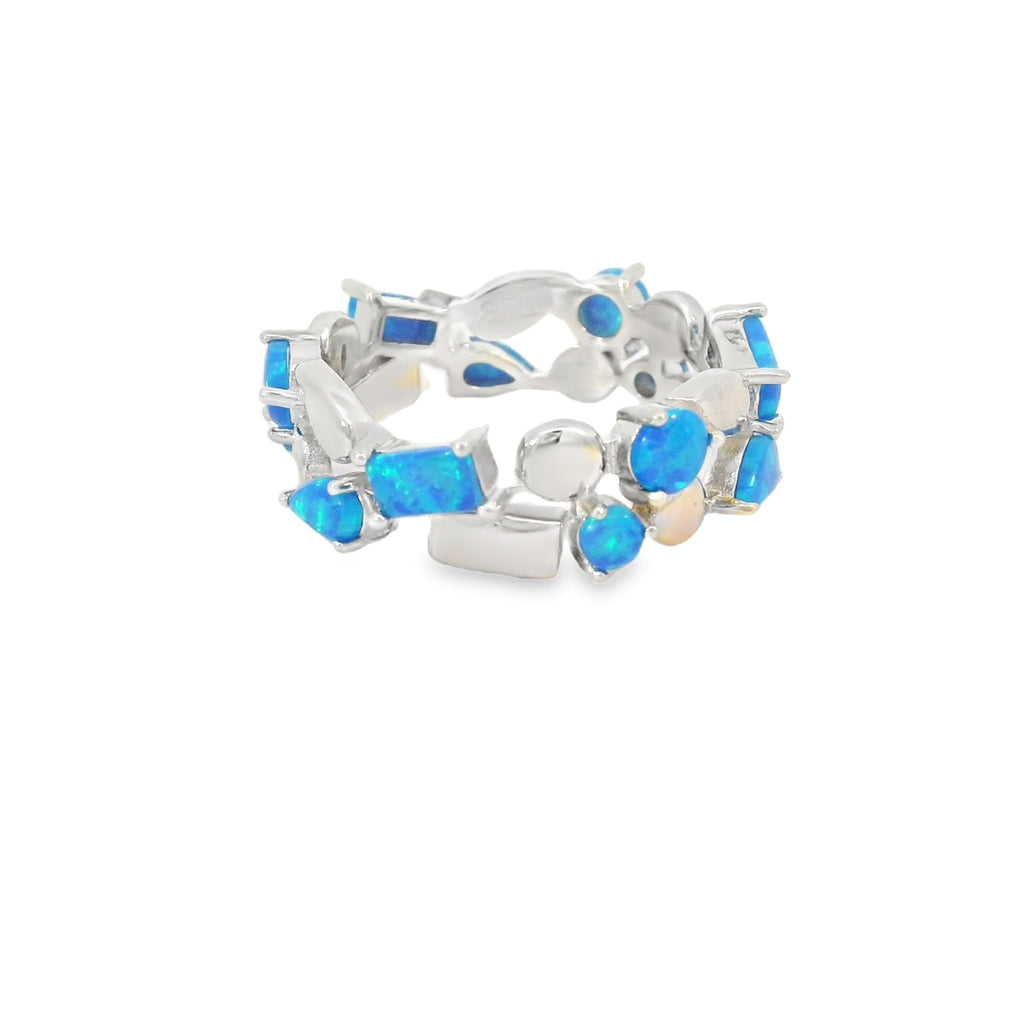 Blue Lab Opal Geometric Band Sterling Silver Ring
