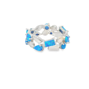 Blue Lab Opal Geometric Band Sterling Silver Ring