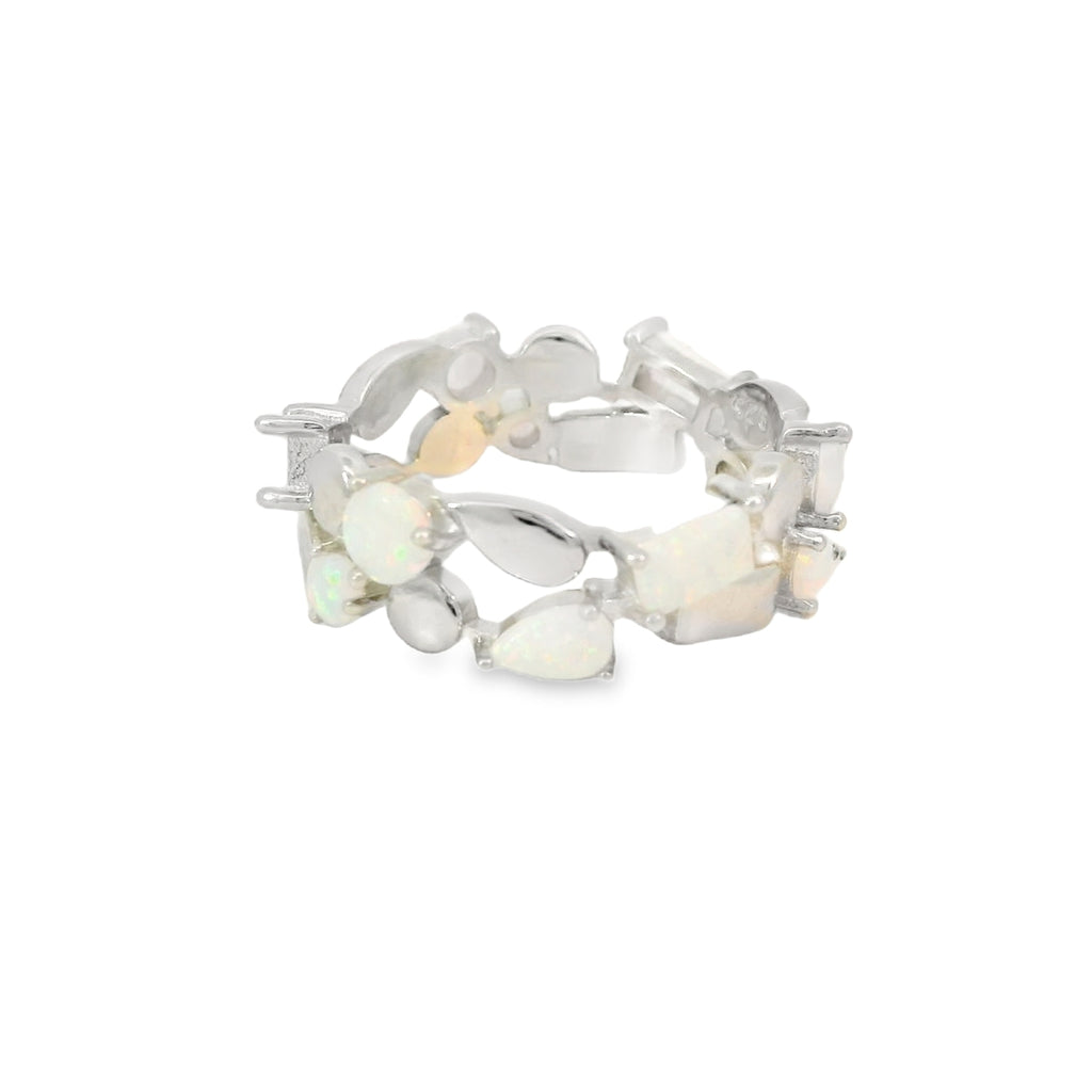 White Lab Opal Geometric Band Sterling Silver Ring