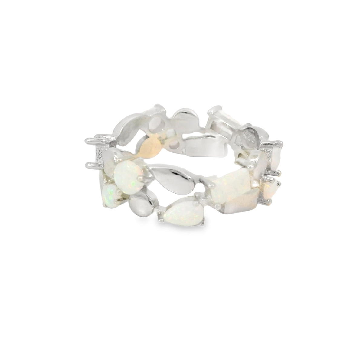 White Lab Opal Geometric Band Sterling Silver Ring