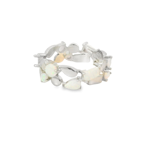 White Lab Opal Geometric Band Sterling Silver Ring