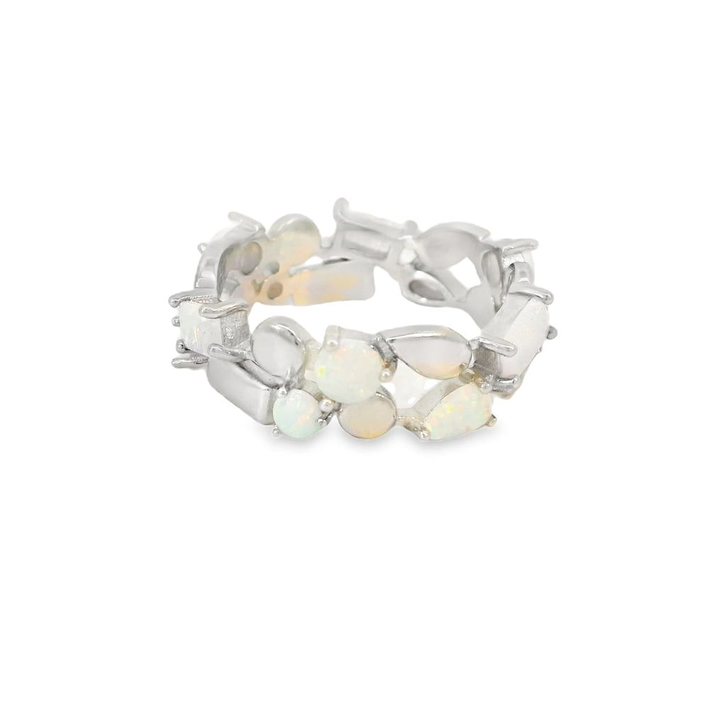 White Lab Opal Geometric Band Sterling Silver Ring