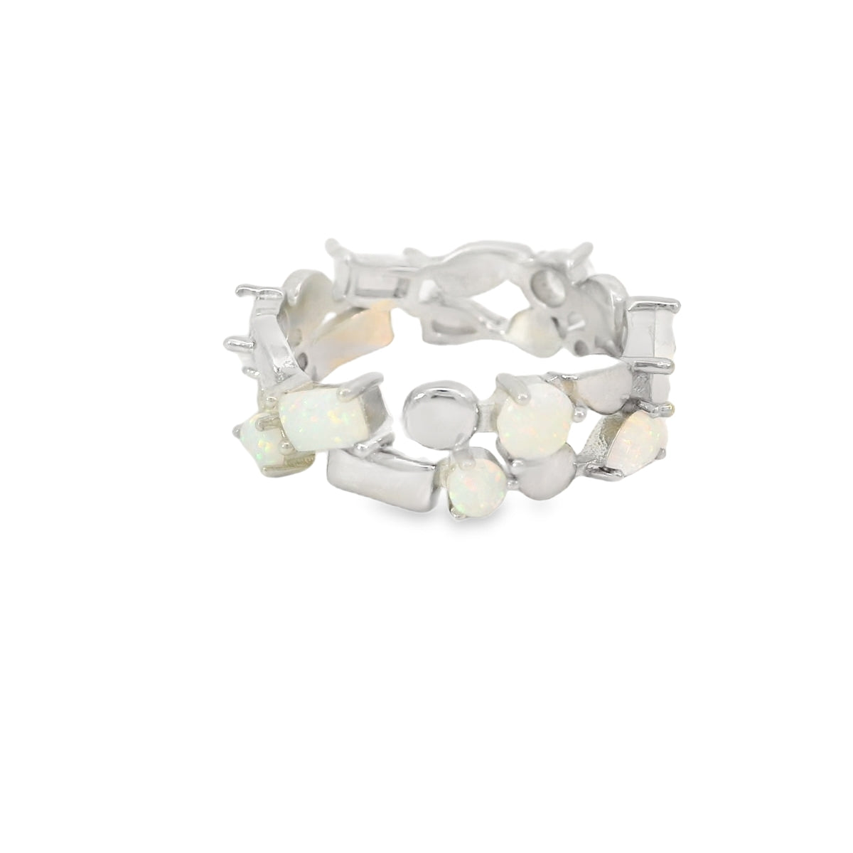 White Lab Opal Geometric Band Sterling Silver Ring