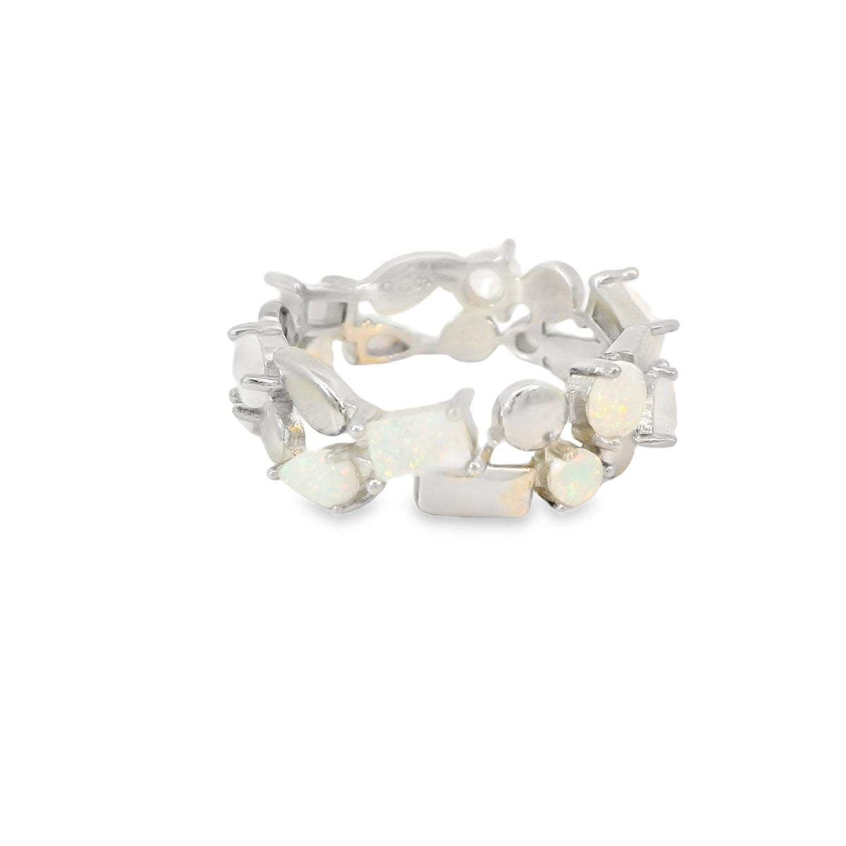 White Lab Opal Geometric Band Sterling Silver Ring