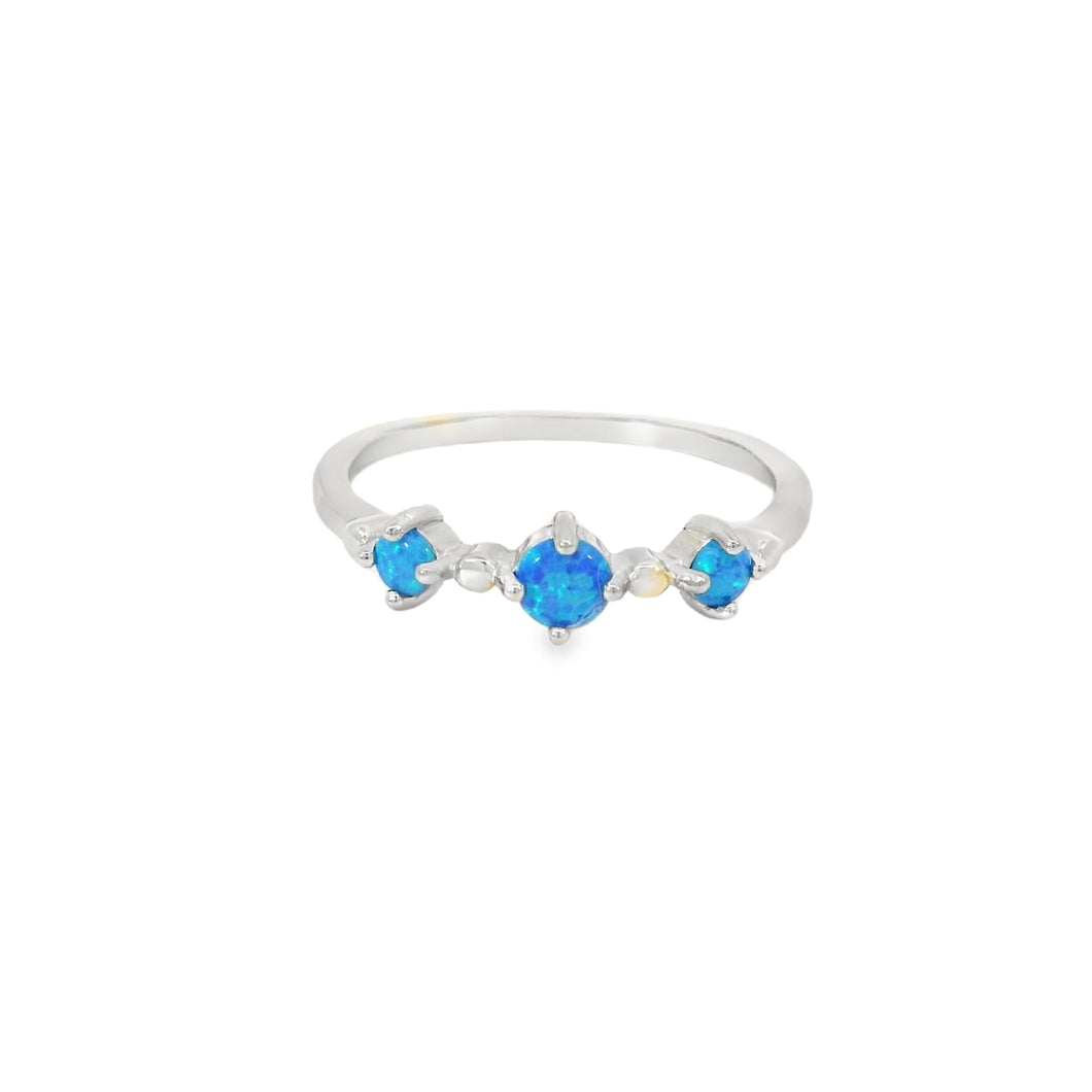 Three round blue lab opal circle sterling silver ring