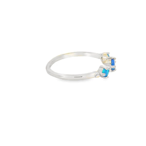 Three round blue lab opal circle sterling silver ring