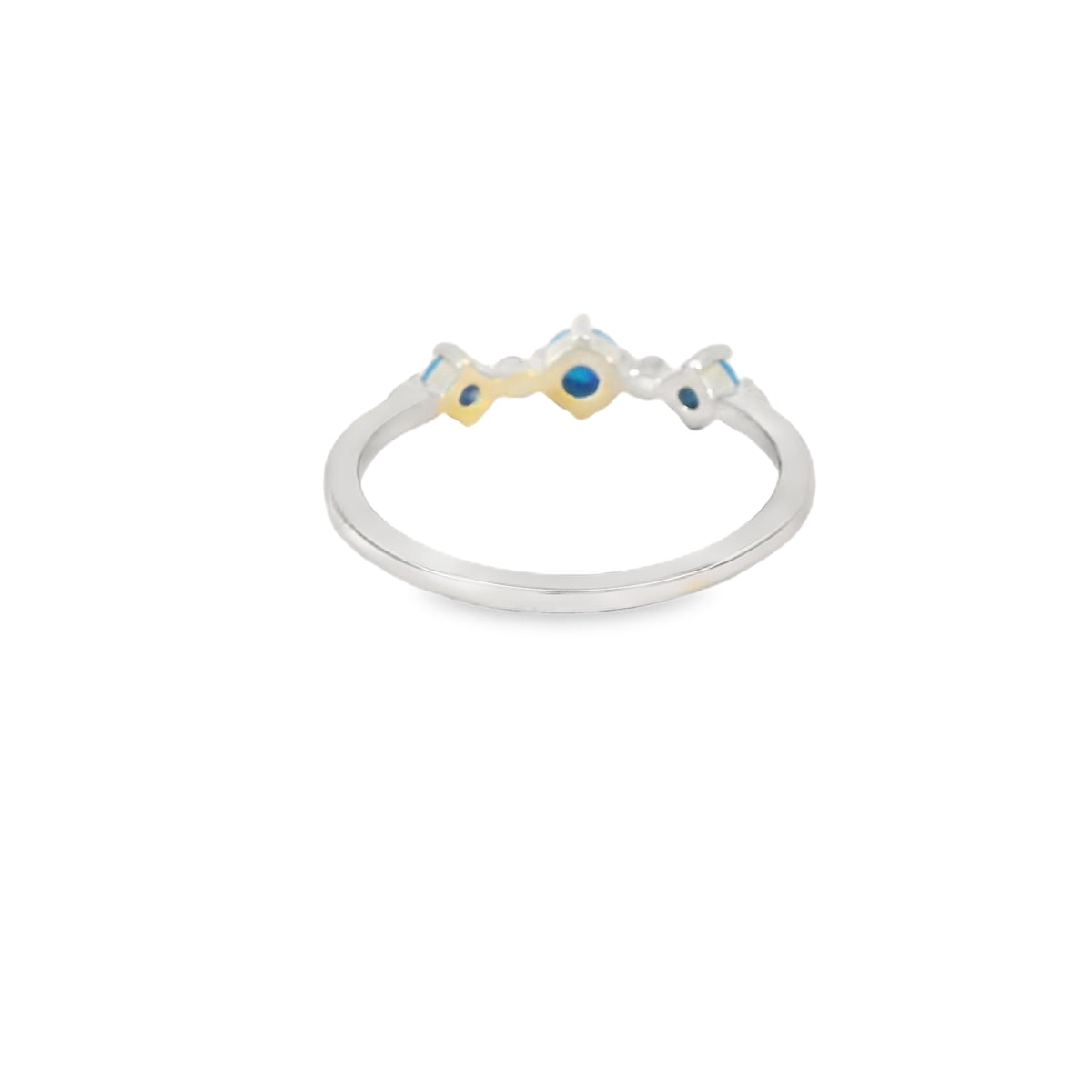 Three round blue lab opal circle sterling silver ring