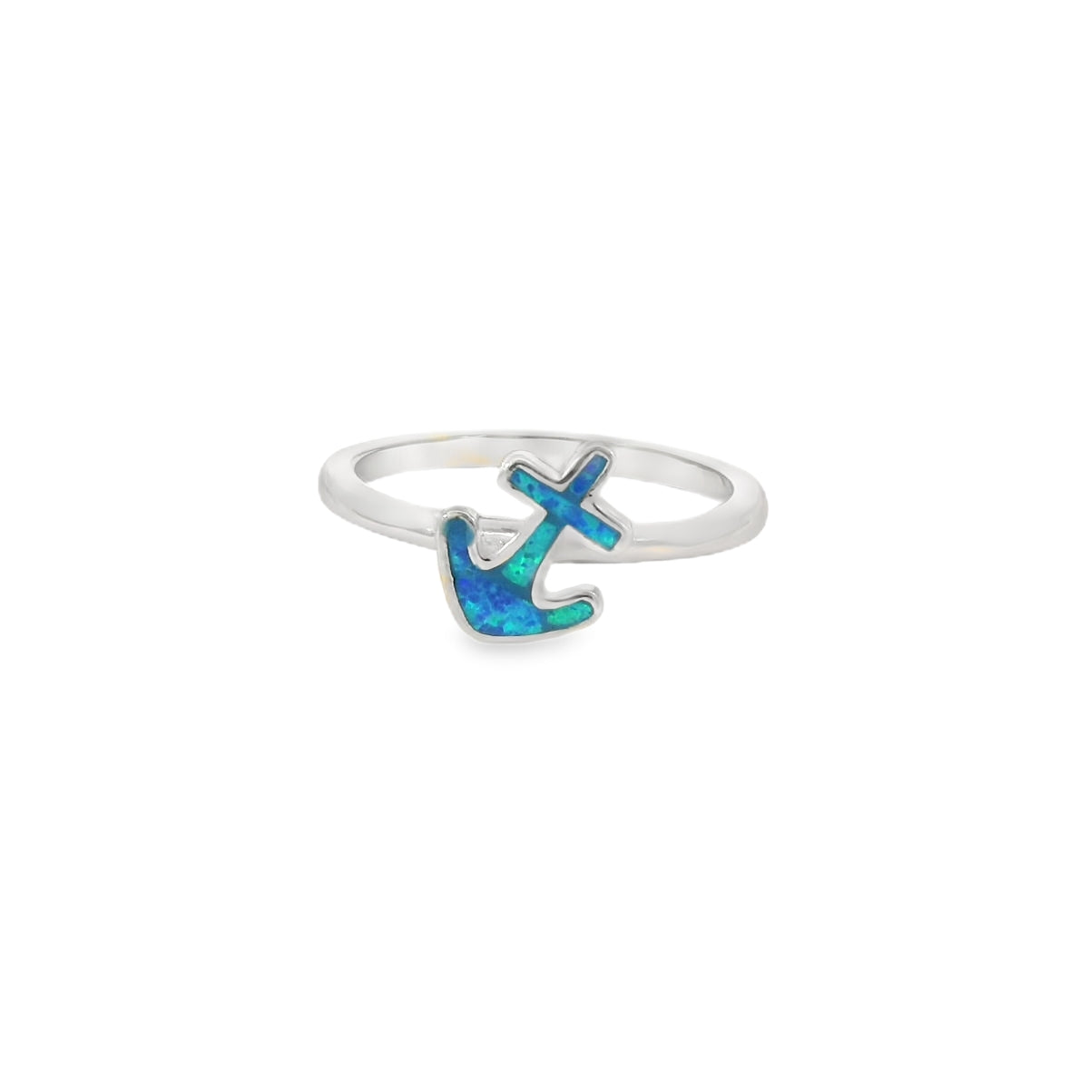 Blue lab opal anchor sterling silver ring
