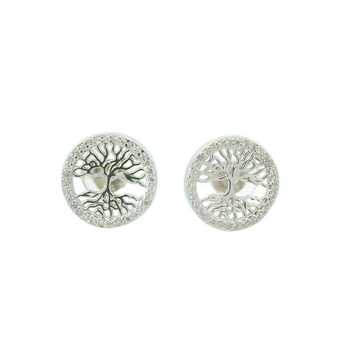 WHITE CUBIC ZIRCONIA STERLING SILVER EARRINGS (TREE OF LIFE)