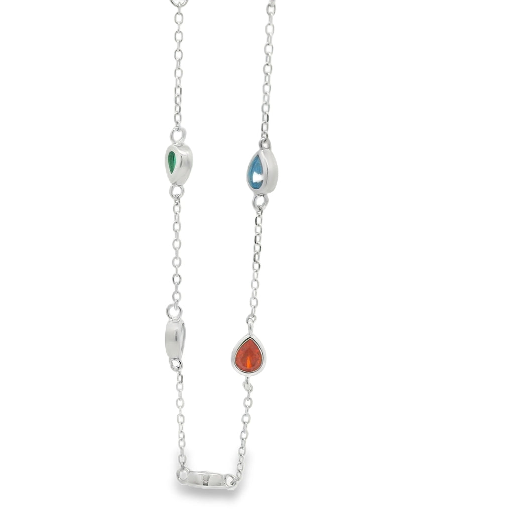 Necklace with teardrop-shaped gemstones on a white background