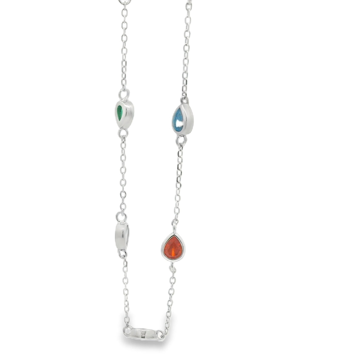 Necklace with teardrop-shaped gemstones on a white background