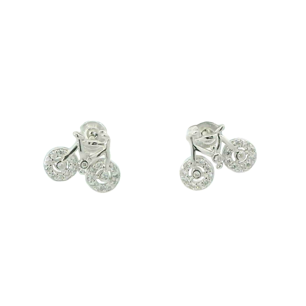 A pair of sterling silver earrings designed in the shape of a bicycle, adorned with cubic zirconia.