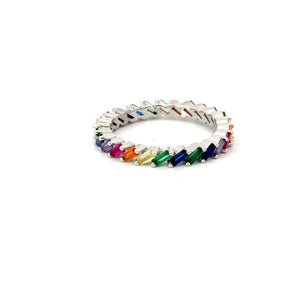 Rainbow multi-colored cubic zirconia sterling silver band ring