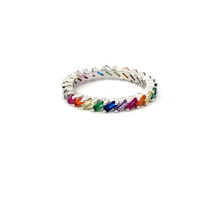 Rainbow multi-colored cubic zirconia sterling silver band ring