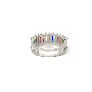 Rainbow multi-colored cubic zirconia sterling silver band ring