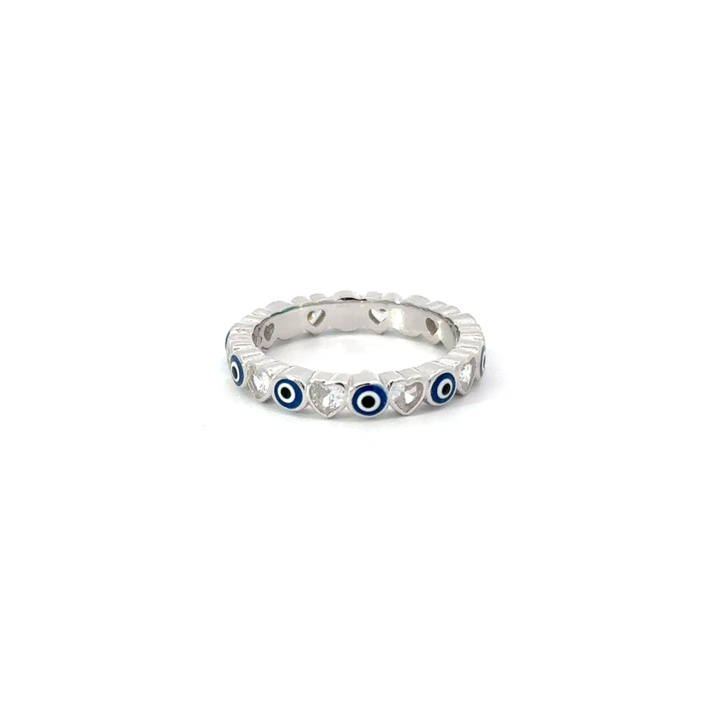 Dark Blue Evil Eye Ring With Cubic Zirconia Hearts