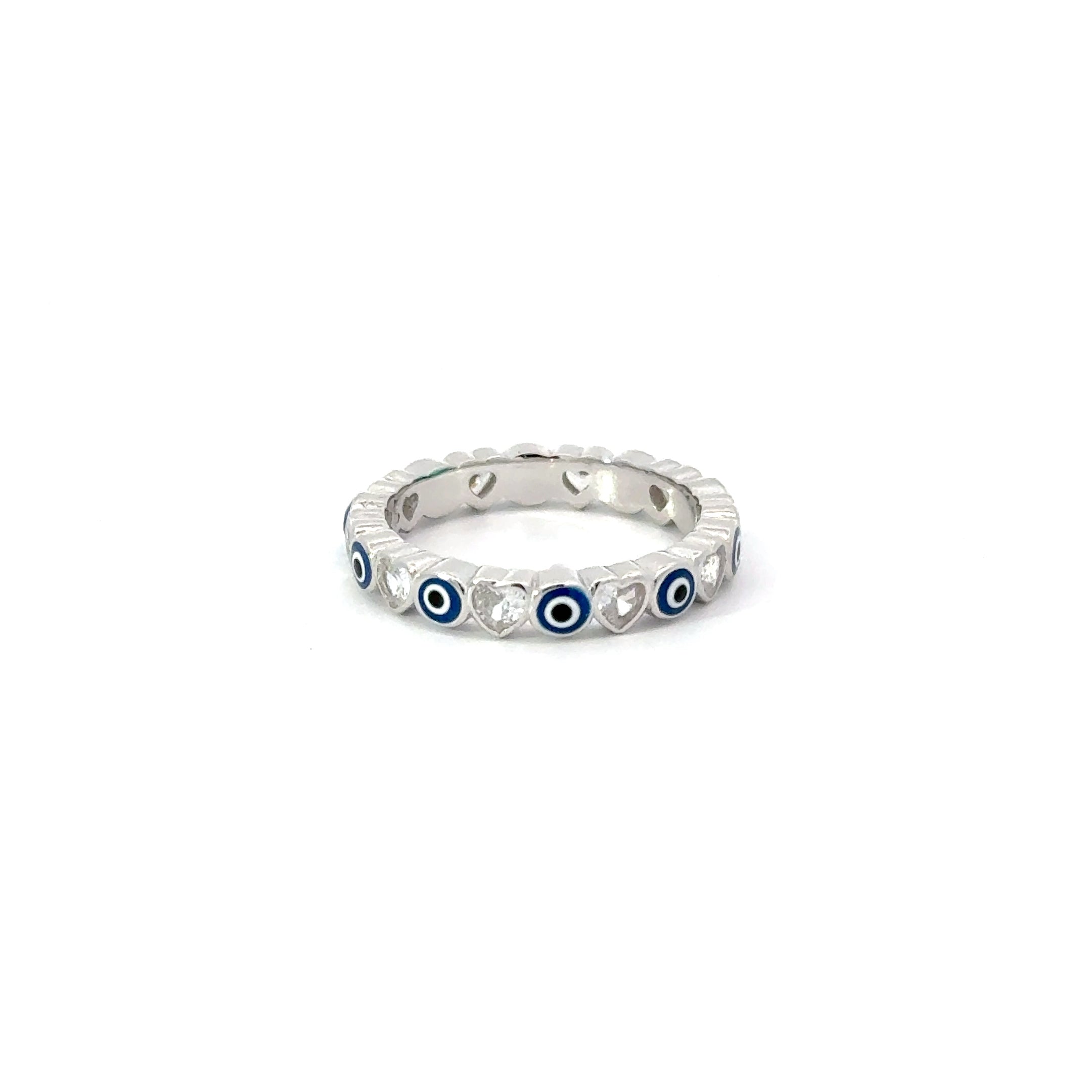 Dark Blue Evil Eye Ring With Cubic Zirconia Hearts