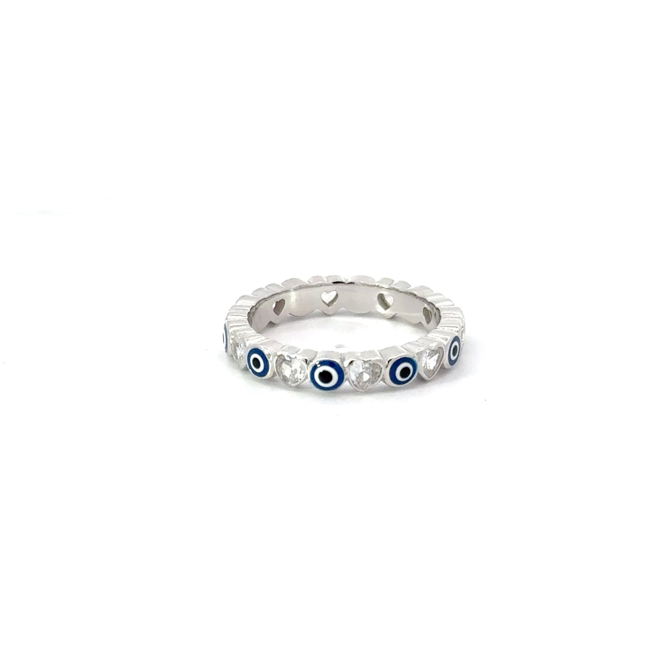 Dark Blue Evil Eye Ring With Cubic Zirconia Hearts