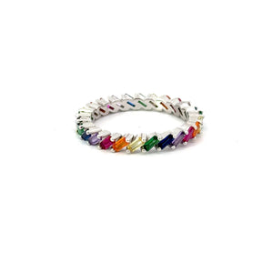 Rainbow multi-colored cubic zirconia sterling silver band ring