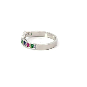 Rainbow multi-colored cubic zirconia sterling silver band ring