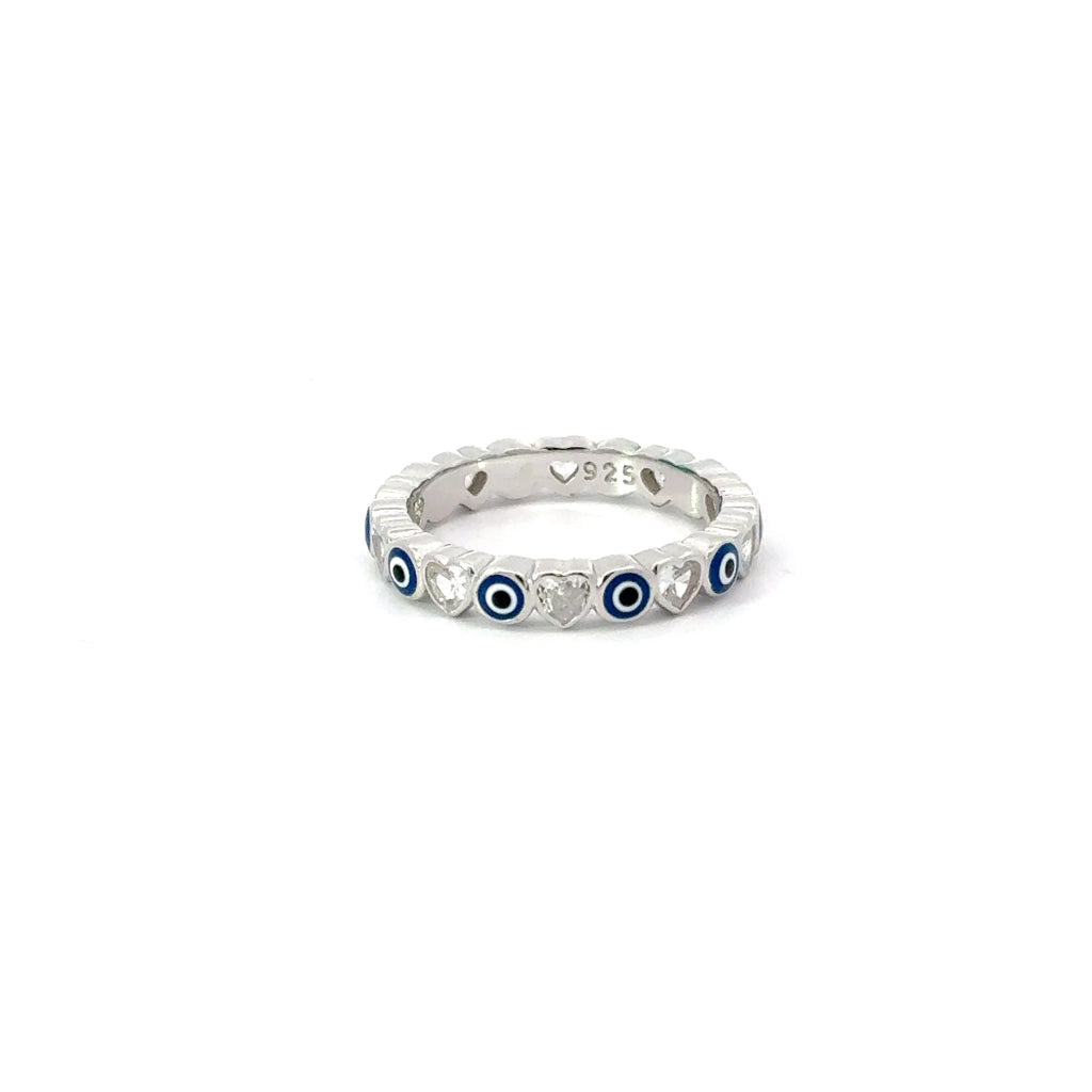 Dark Blue Evil Eye Ring With Cubic Zirconia Hearts