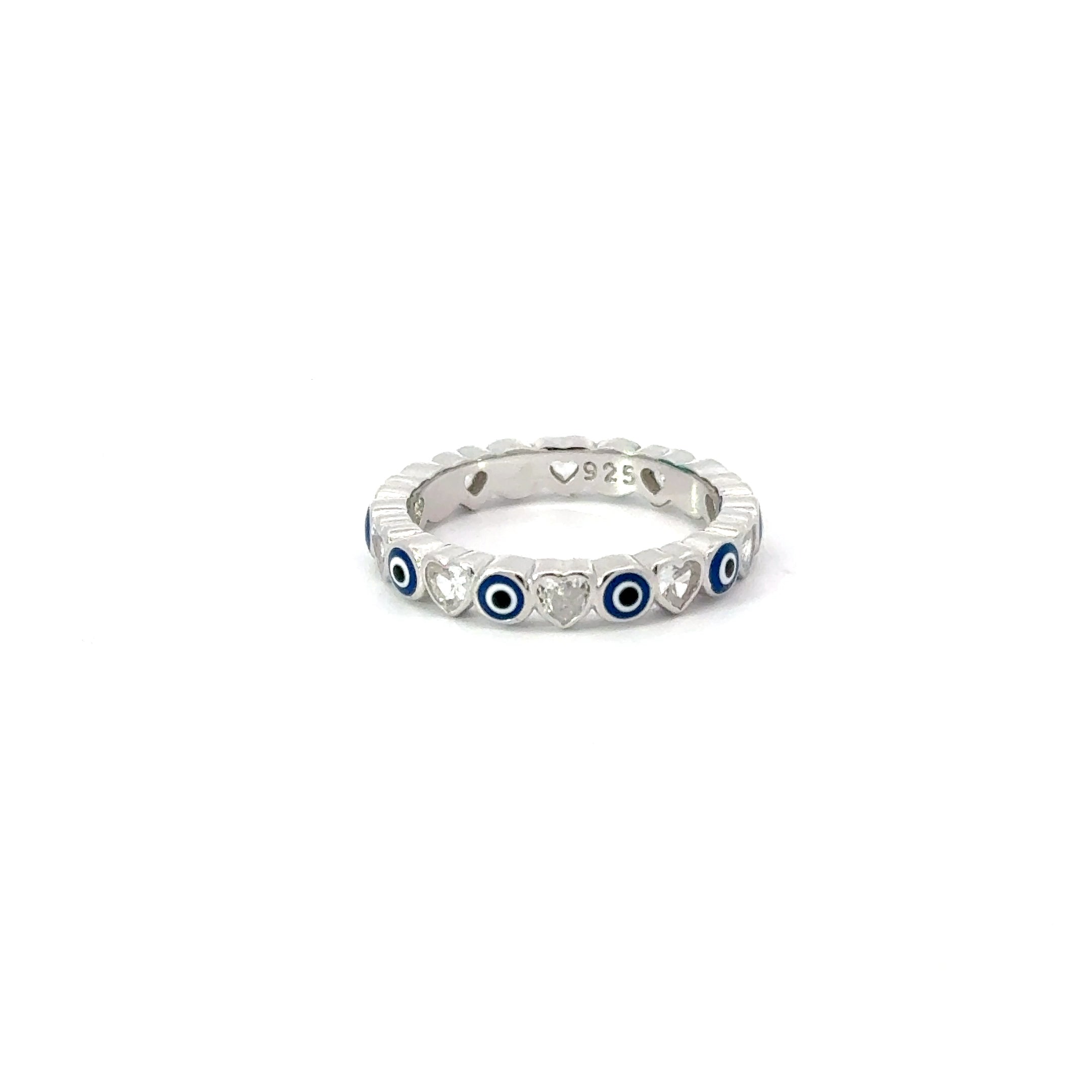Dark Blue Evil Eye Ring With Cubic Zirconia Hearts