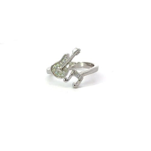 WHITE CUBIC ZIRCONIA STERLING SILVER RING (GUITAR & NOTE)