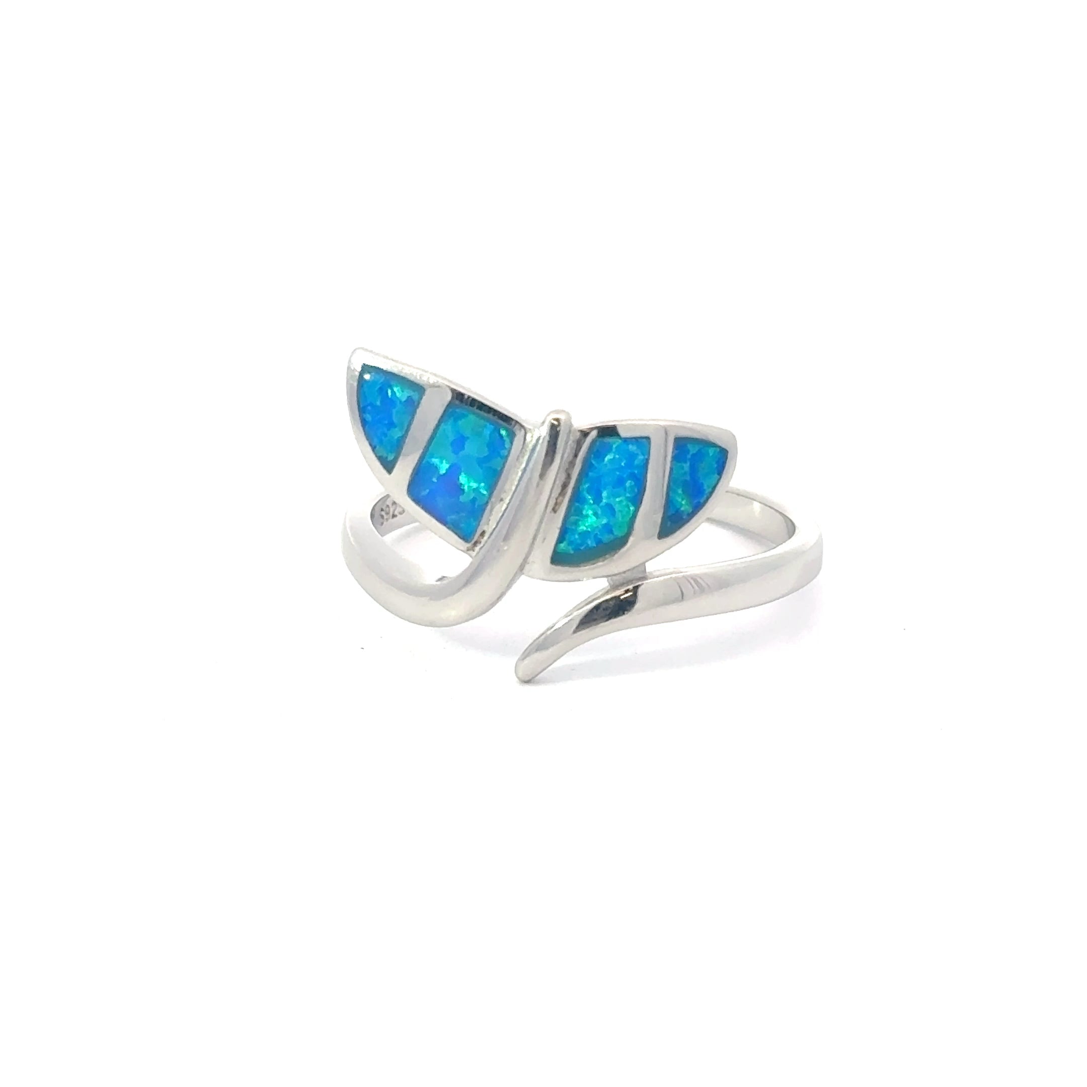 0109803401 Blue whale tail lab opal sterling silver ring