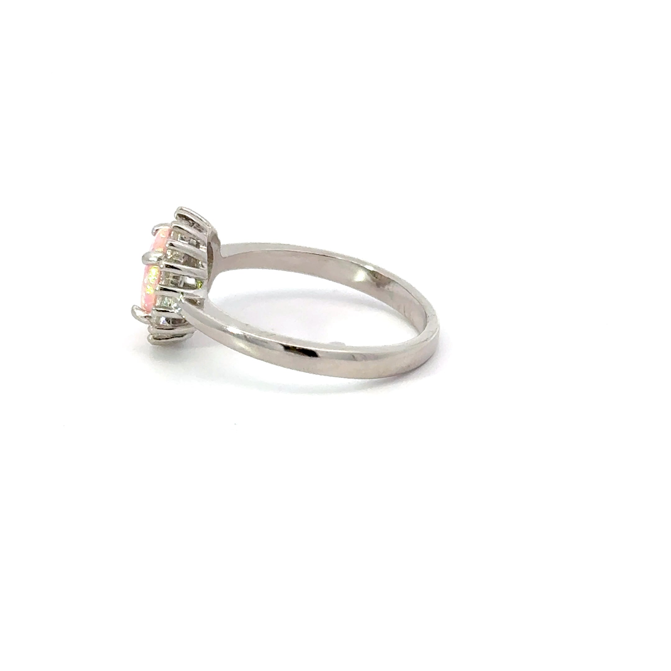 Pink Lab opal sterling silver ring with cubic zirconia