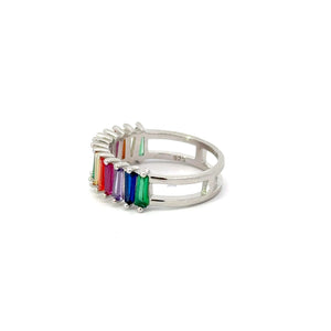 Rainbow multi-colored cubic zirconia sterling silver band ring