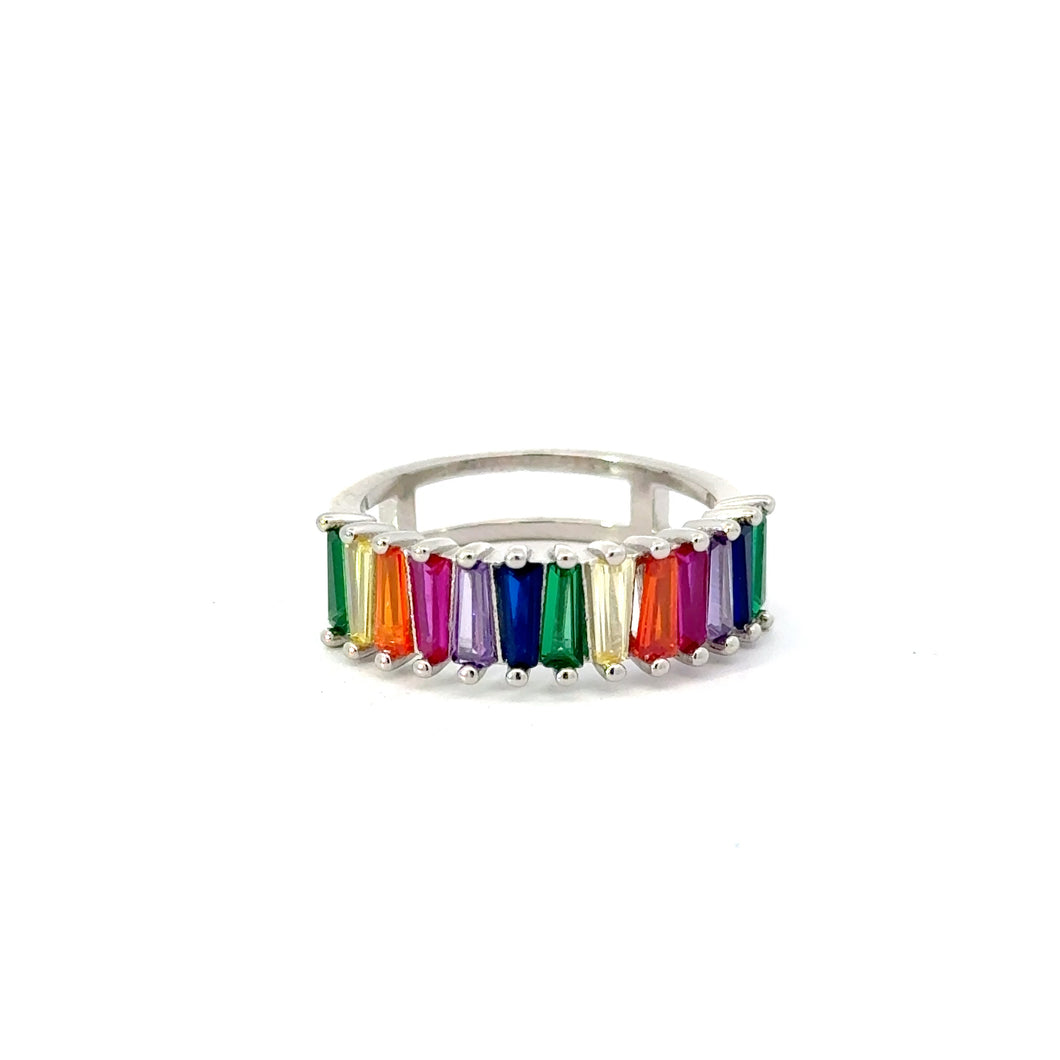 Rainbow multi-colored cubic zirconia sterling silver band ring