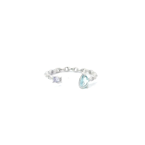 AQUAMARINE CUBIC ZIRCONIA STERLING SILVER RING (PRINCESS & PEAR)