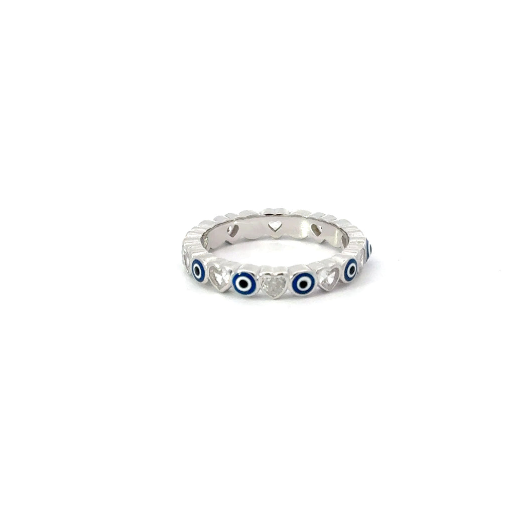 Dark Blue Evil Eye Ring With Cubic Zirconia Hearts