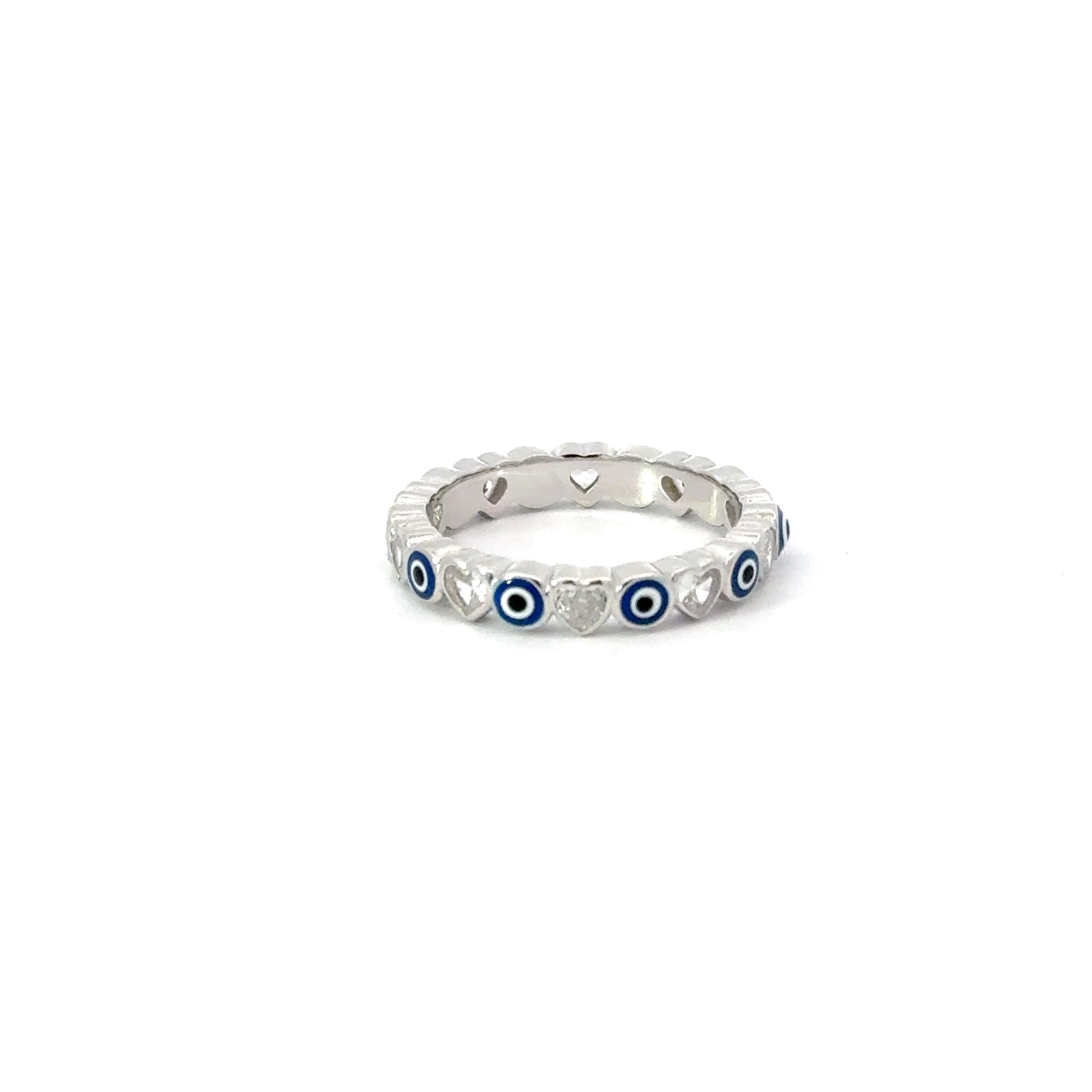 Dark Blue Evil Eye Ring With Cubic Zirconia Hearts