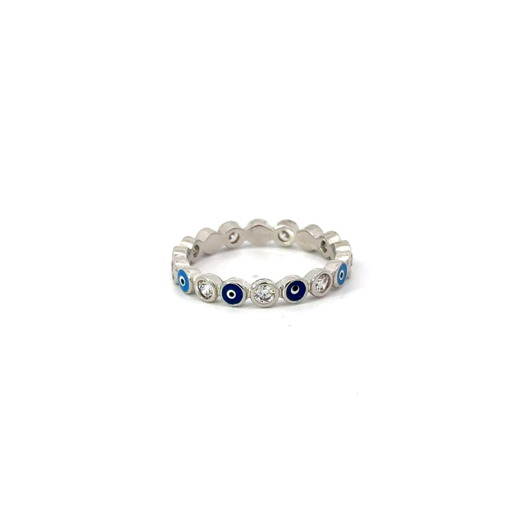 Dark And Light Blue Evil Eye Ring With Cubic Zirconia