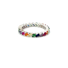 Load image into Gallery viewer, Rainbow multi-colored cubic zirconia sterling silver band ring