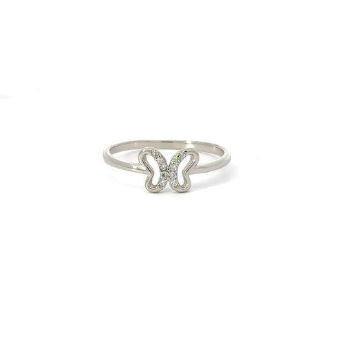 A sterling silver ring with a white cubic zirconia butterfly design.
