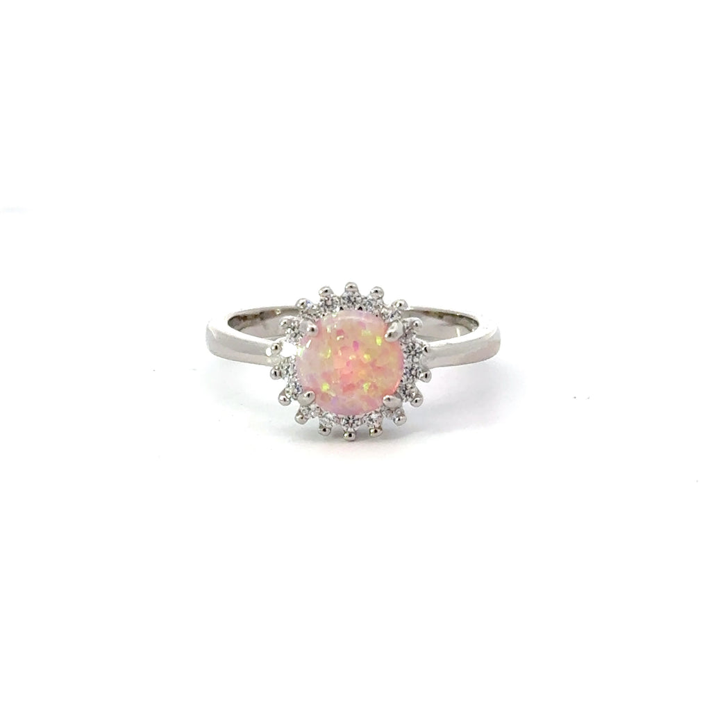 Pink Lab opal sterling silver ring with cubic zirconia