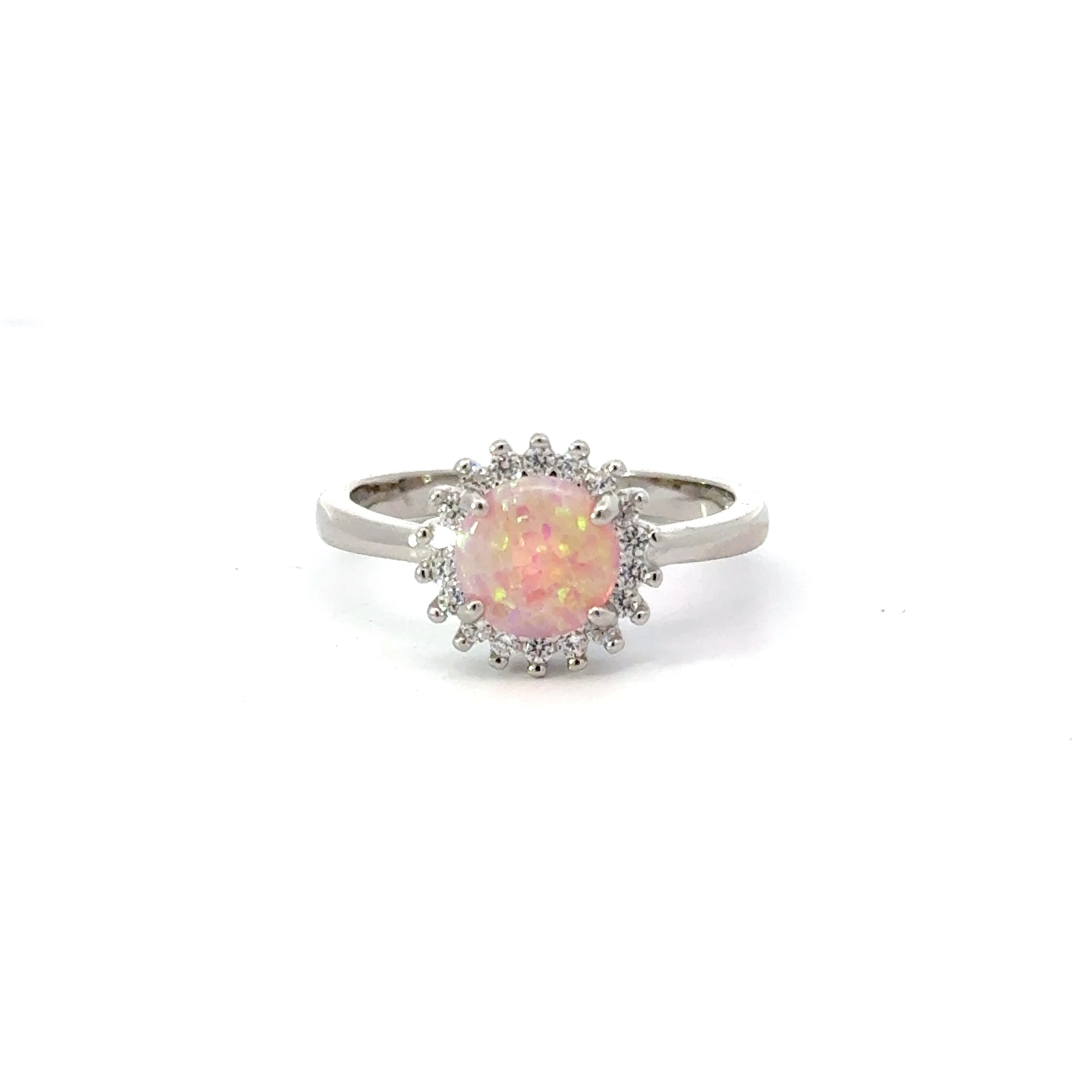 Pink Lab opal sterling silver ring with cubic zirconia