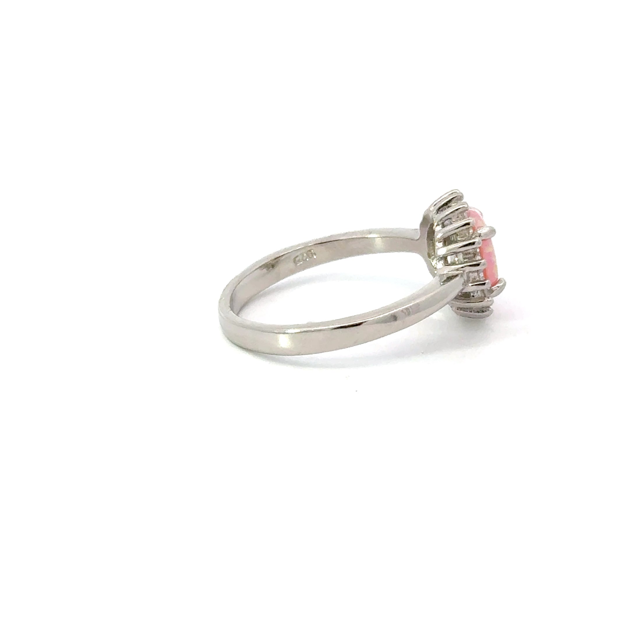 Pink Lab opal sterling silver ring with cubic zirconia