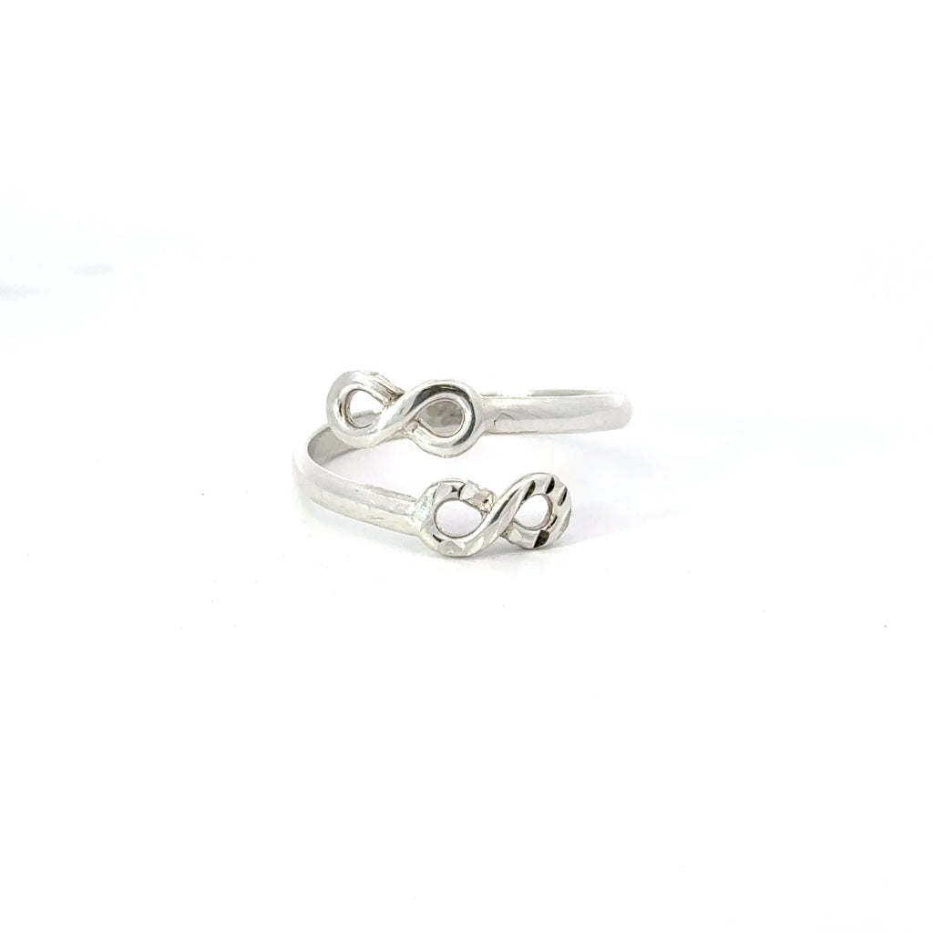 A sterling silver ring with an infinity symbol design, displayed on a white background.