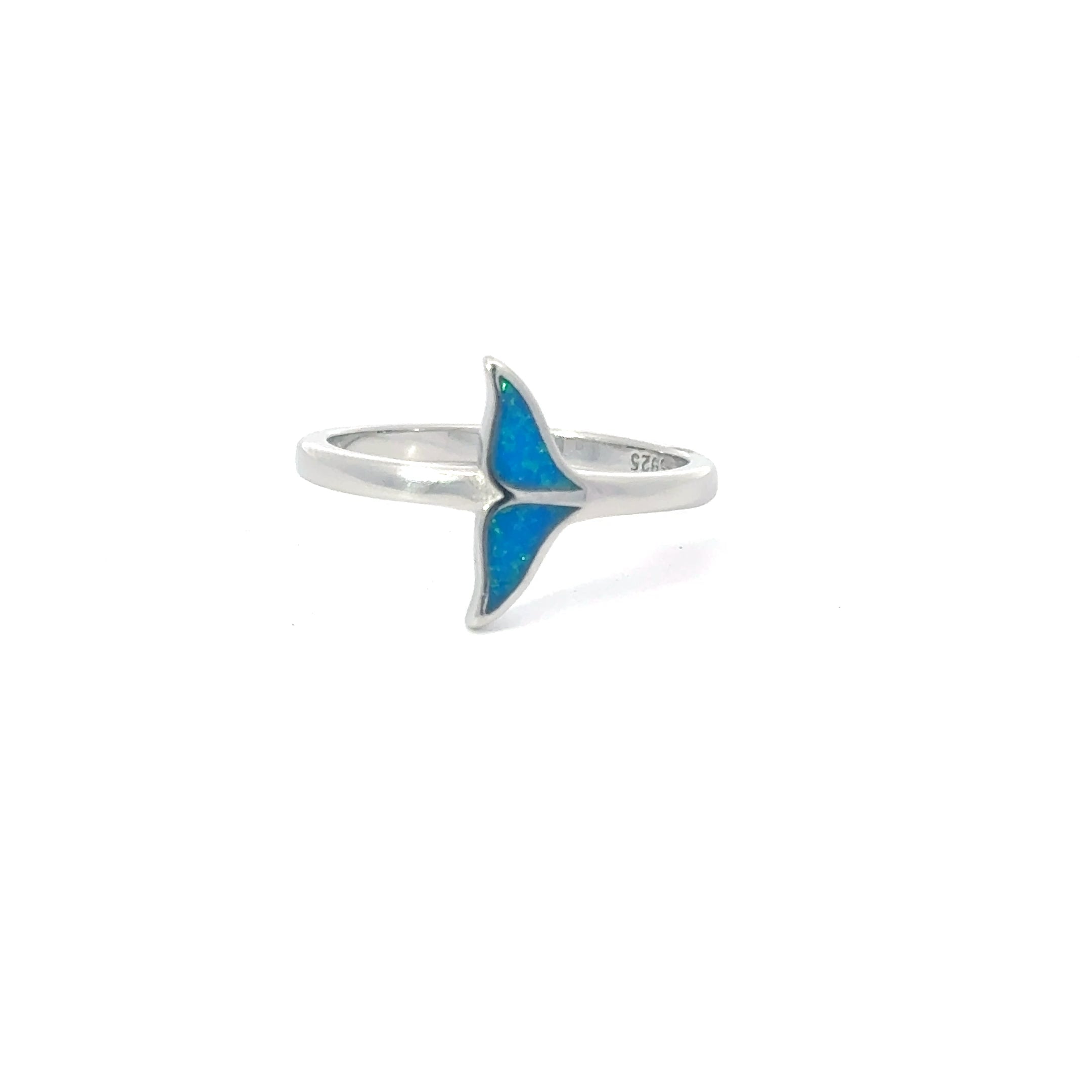 Blue lab opal whale tail sterling silver ring