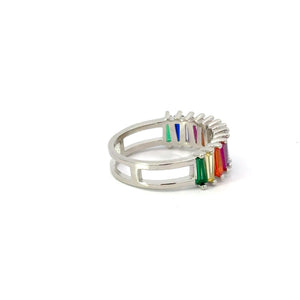 Rainbow multi-colored cubic zirconia sterling silver band ring