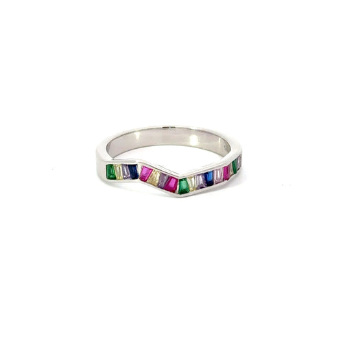 Rainbow multi-colored cubic zirconia sterling silver band ring