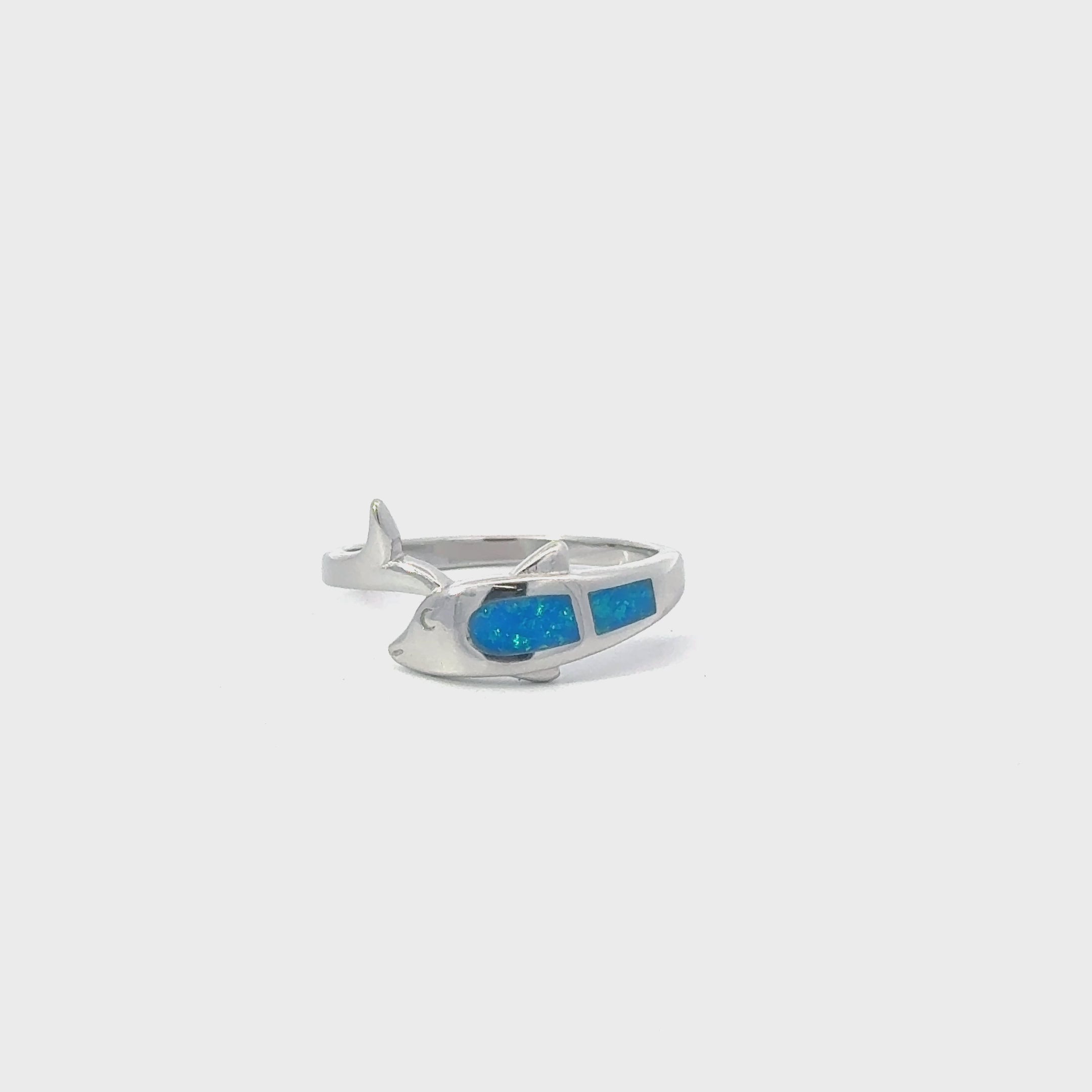 Blue lab opal dolphin sterling silver ring