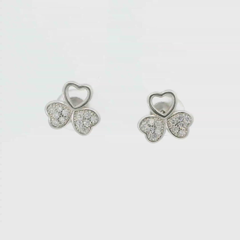 WHITE CUBIC ZIRCONIA THREE LEAF CLOVER STERLING SILVER EARRINGS (HEARTS)