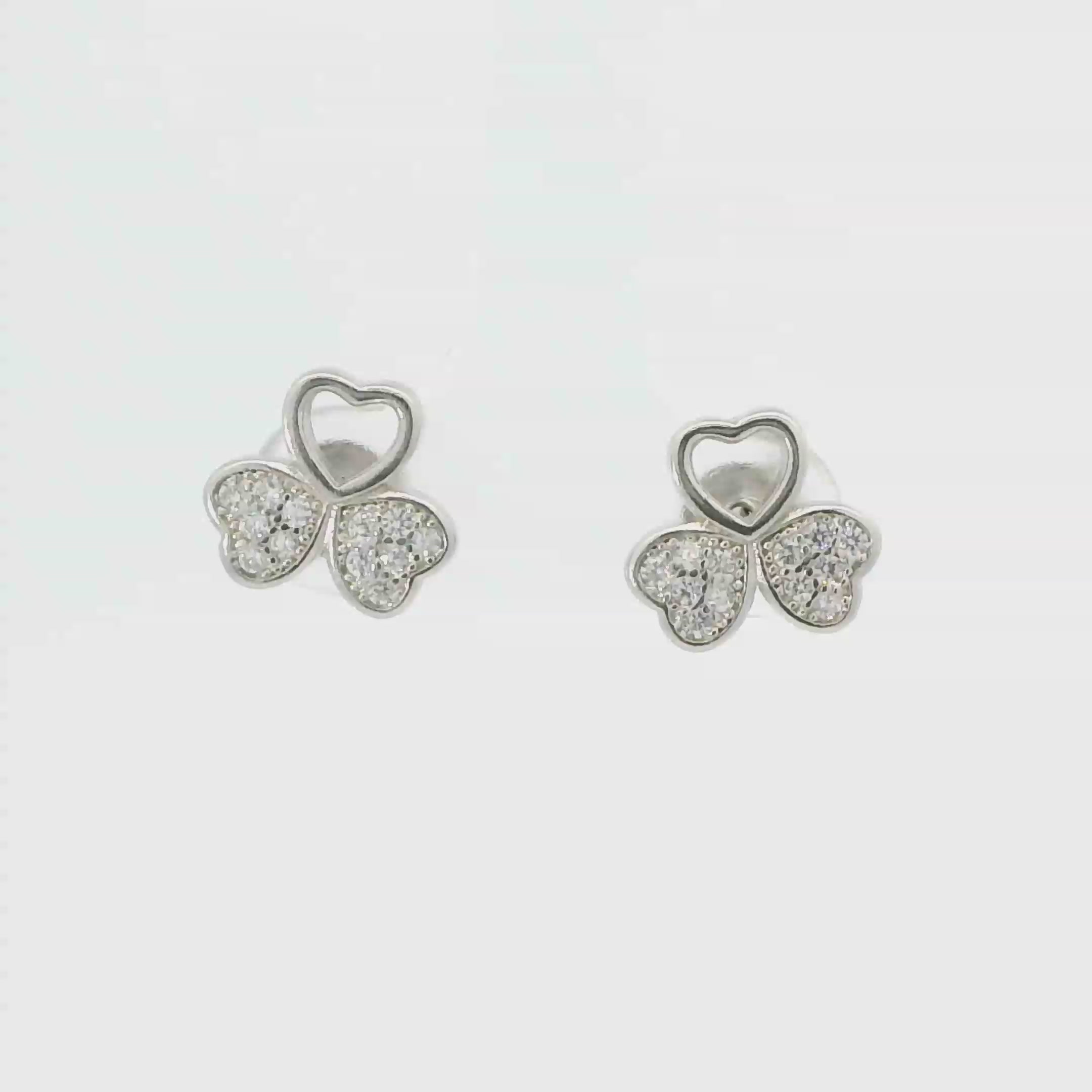 WHITE CUBIC ZIRCONIA THREE LEAF CLOVER STERLING SILVER EARRINGS (HEARTS)