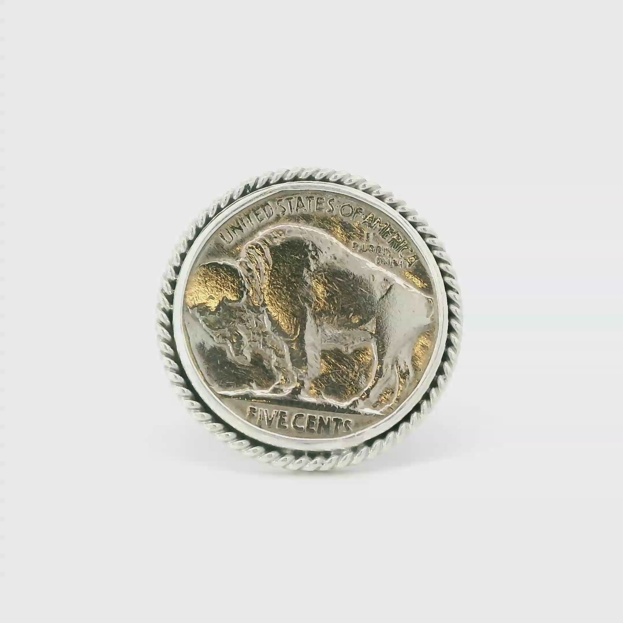 Buffalo nickel sterling silver ring with rope