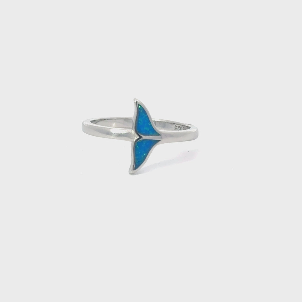 Blue lab opal whale tail sterling silver ring